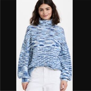 STAUD Blue and White Turtleneck Sweater